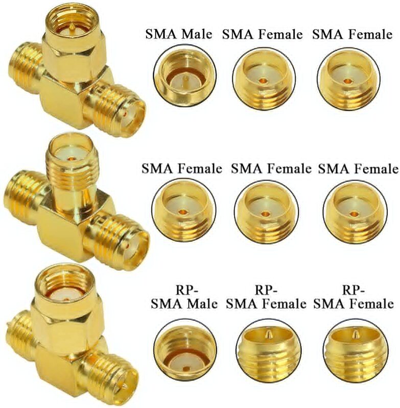 Conector divisor de T triplo, SMA, RP-SMA macho para Dual SMA, RP-SMA adaptador fêmea, 3 tipos por lote, 2pcs por lote
