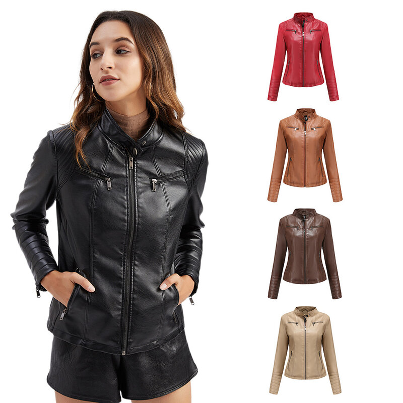 Женская модная одежда, Новая женская тонкая кожаная куртка с воротником-стойкой, однотонное пальто на молнии с прострочкой, женская одежда