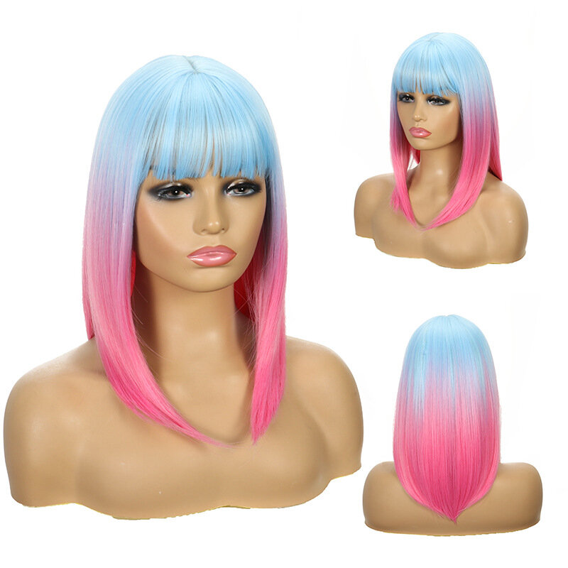 Gradient Wig with Bangs for Women, Blue and Pink Gradient Bob Wig, Cosplay Party Wig