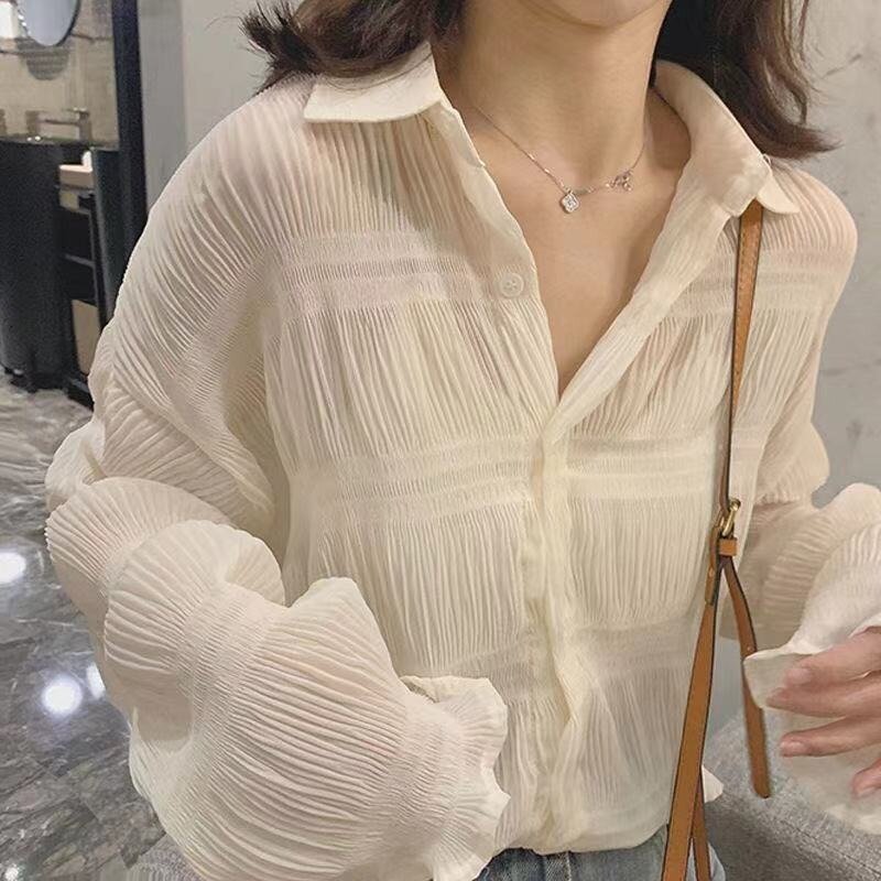 Miiiix-camisa plisada de manga larga, camisa holgada de un solo pecho, Color sólido, parte superior inferior versátil, informal, 2024