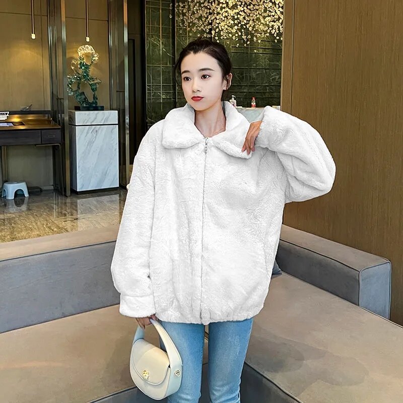 여성용 푹신한 인조 모피 재킷, 턴다운 칼라, 루즈 코트, 한국 패션 의류, 여성용 모피 겉옷, 가을 겨울