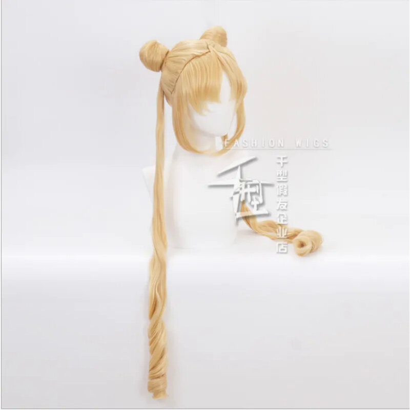 Tsukino Usagi peruka do Cosplay długie kręcone blond podwójne kucyki odporne na ciepło peruki syntetyczne czapka z peruką