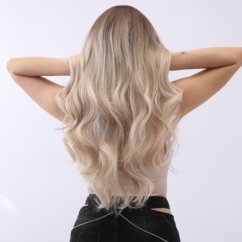 Blond złote włókna syntetyczne gradientowe faliste kręcone peruka damska długie włosy do codziennego naturalnego użytku Cosplay peruki termoodporne włosów