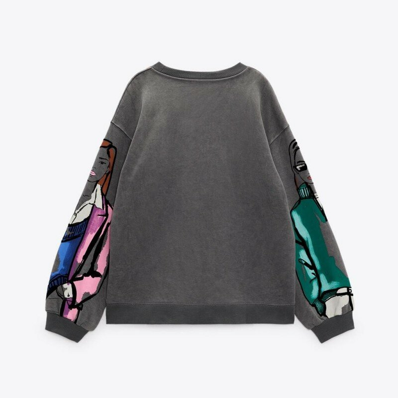 Etro 캐주얼 여성 스웨터, 모자없는 스웨터, 라운드넥, 루즈핏 캐주얼 피규어 프린트, 회색 스포츠 셔츠