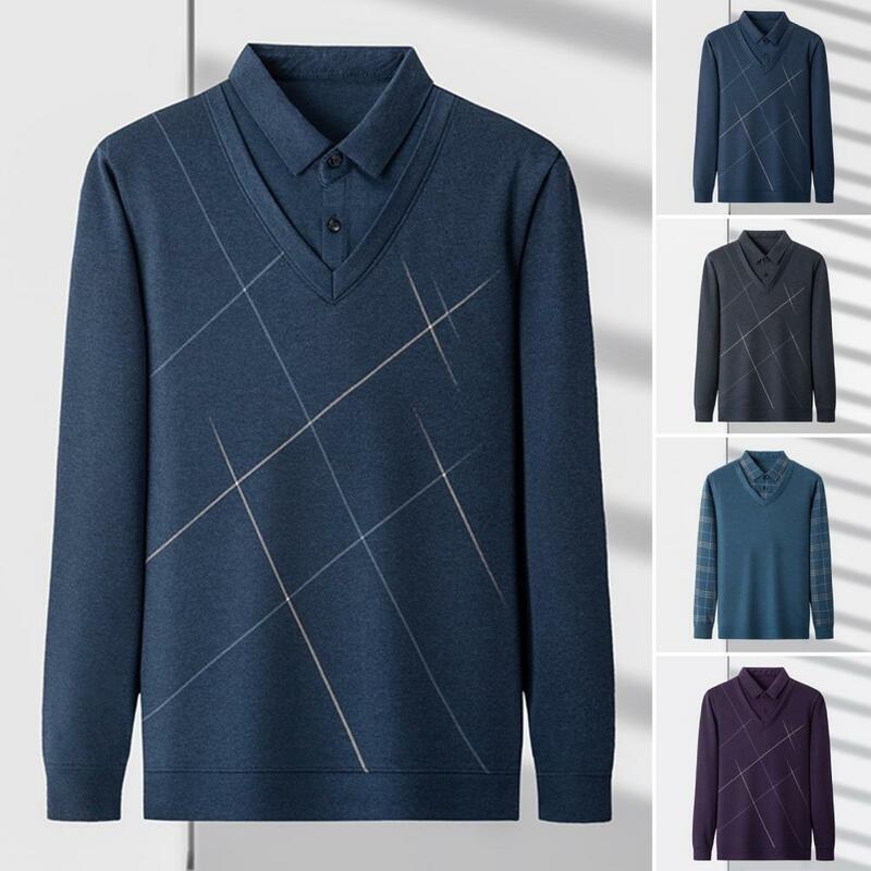 Мужской свитер на осень и зиму, свитер с имитацией двух частей в стиле пэчворк, плотная теплая деловая рубашка для мужчин среднего возраста с лацканами, свитер для отца