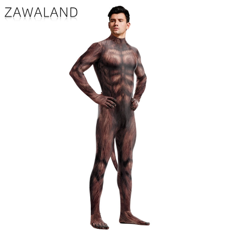 Zawaland Halloween Party Funny Cosplay Costumes Animal Wolf 3D Printed Bodysuit Zentai Full Cover with Tail Jumpsuits Catsuits