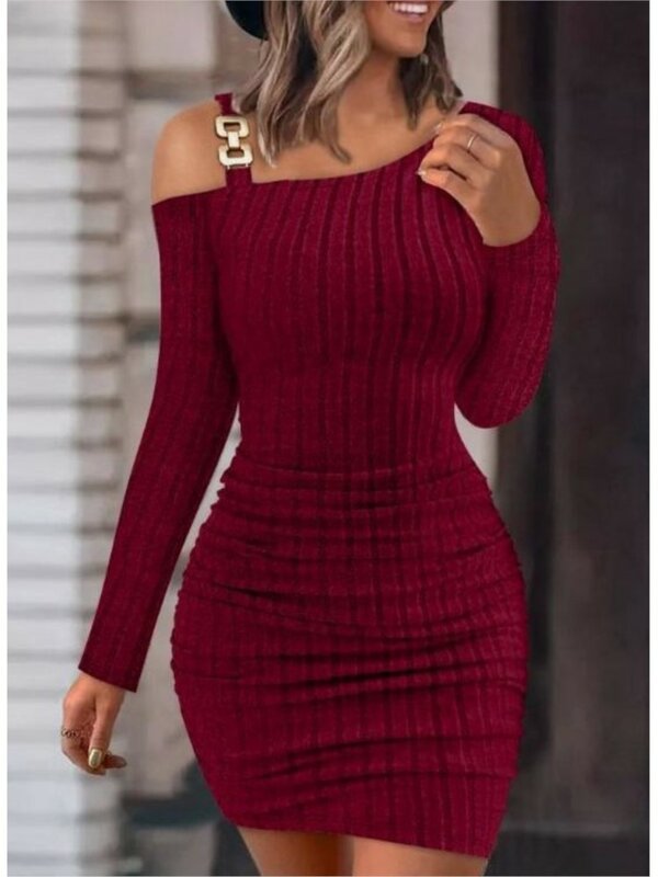 Sexy Chain Off Shoulder Mini Dress Women Autumn Fashion Bodycon Long Sleeve Dresses For Women Winter Skinny Knitted Vestidaos