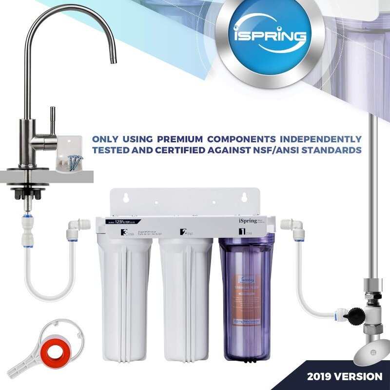 iSpring US31 Classic 3-Stage Under Sink Water Filtration System for Drinking,Tankless, High Capacity, Sediment + Carbon + Carbon
