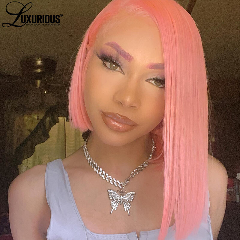 Pelucas cortas y rectas para mujeres negras, cabello humano virgen Remy brasileño, frontal de encaje transparente HD prearrancado, color rosa, 13x4