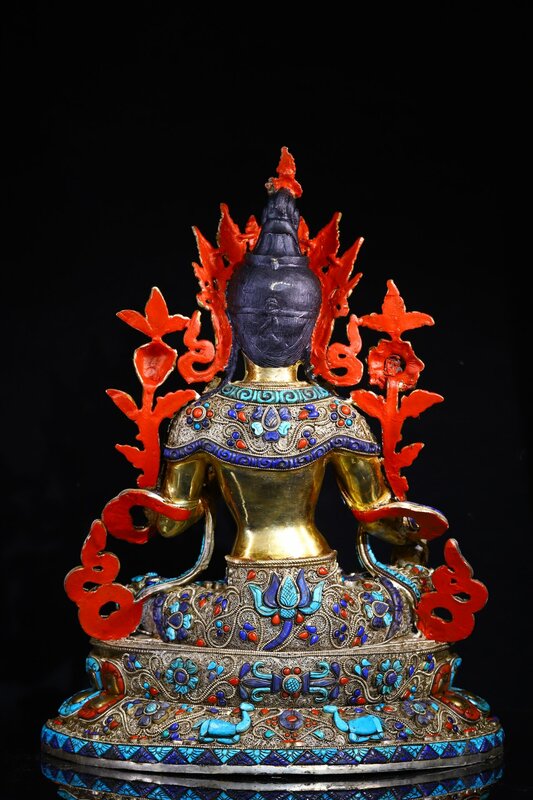 18 "templo tibetano coleção antigo tibetano prata contorno em ouro filigrana mosaico gema verde tara lotus plataforma adoração buda