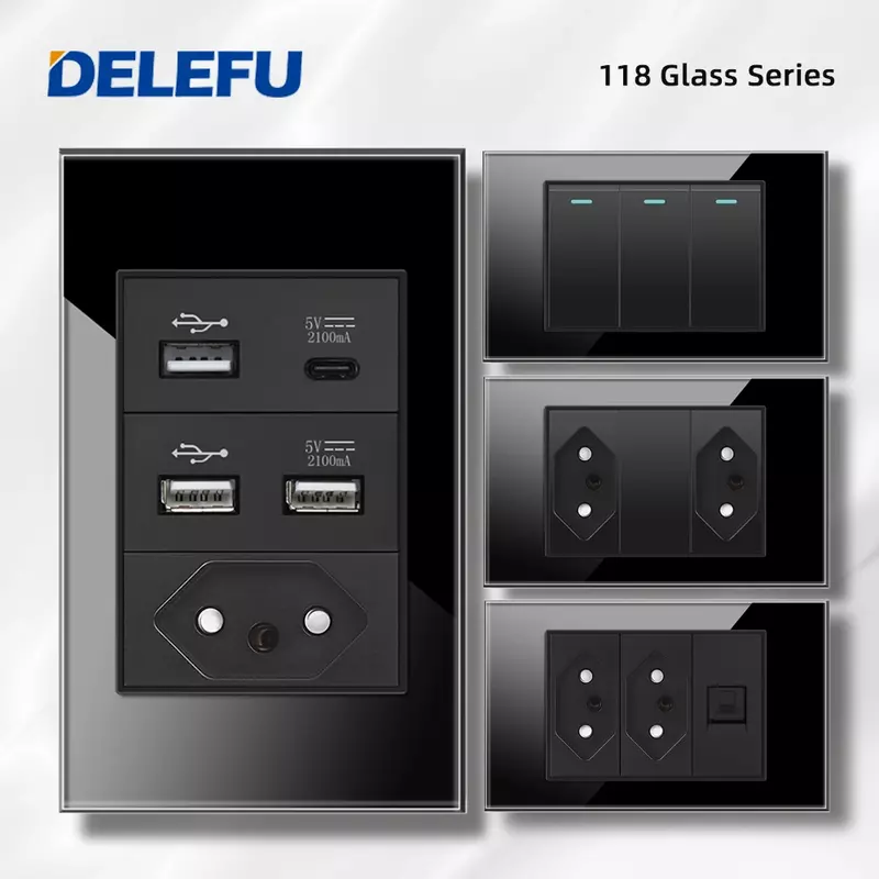Delefu กระจกนิรภัยสีดำ4*2เต้าเสียบมาตรฐานบราซิลสวิตช์ช่องไฟติดผนัง USB Type C สองช่องสวิตช์10A สวิตเซอร์แลนด์20A