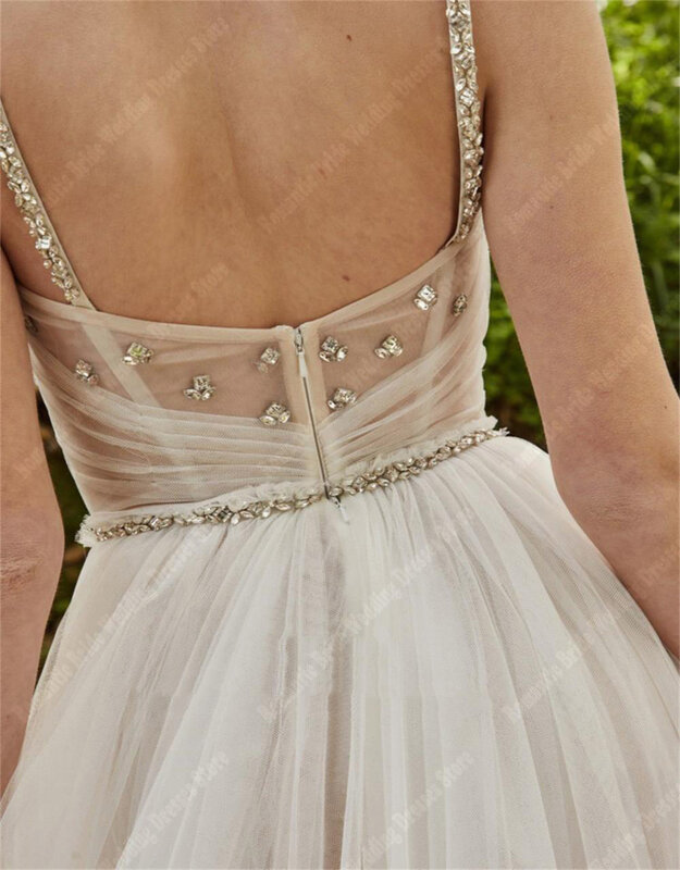 Gaun pengantin wanita tali bahu tipis baru gaun pengantin A-Line Tulle 2024 panjang mengepel punggung terbuka elegan Vestidos De Novias