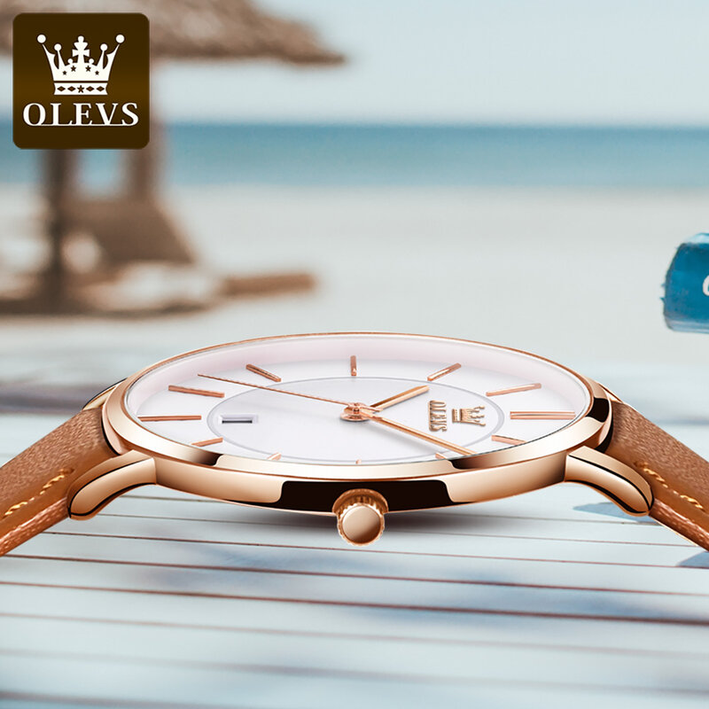 OLEVS jam tangan Ultra tipis pria, arloji olahraga Quartz kalender, tahan air tali kulit kuning untuk lelaki