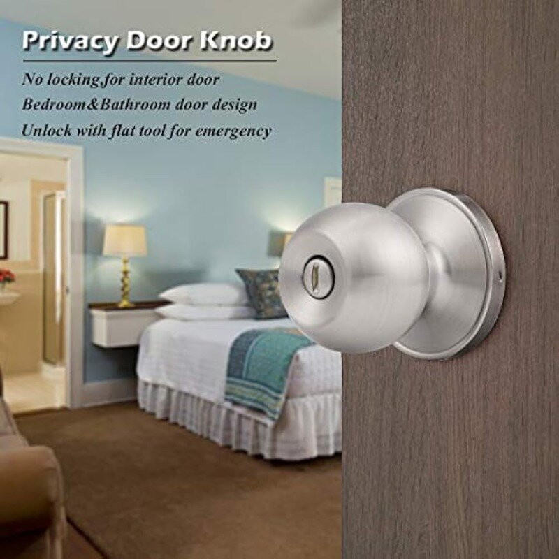 Satynowa niklowa wewnętrznego drzwiowego okrągła kula klamka prywatności zamek do łóżka i łazienki/kciuk-gałka obrotowa w opakowaniu 6 sztuk