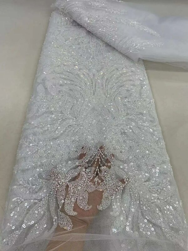 Tela de encaje bordado nigeriano, tejido de encaje africano con cuentas de tul francés de alta calidad para costura de boda, 2024