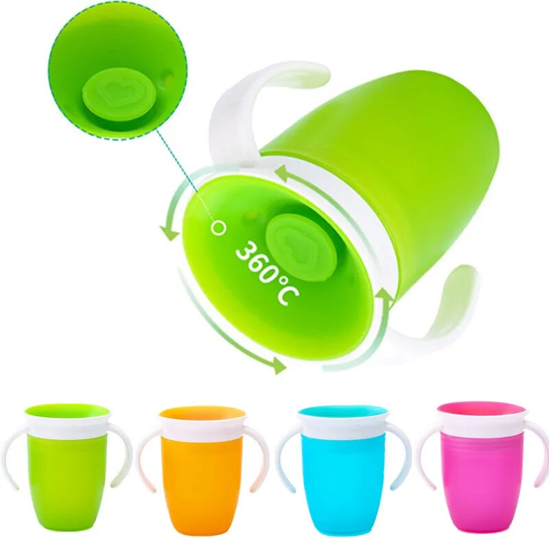 Baby Cups 360 Degrees Rotated Baby Trainer Glass with Double Handle Flip Lid  Leakproof Infants Water Bottle Cup