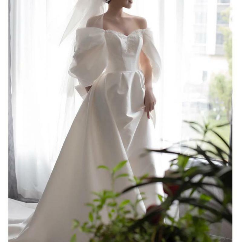 Sukienka Na Wesele-vestido de novia clásico con cuello de barco para mujer, vestido de novia con tren pequeño, elegante, largo, línea A, satén, el más nuevo