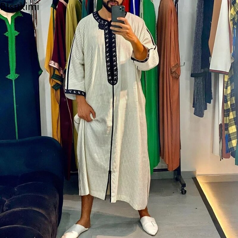 Mode Muslim Pria Jubba Thobes Arab Pakistan Dubai Kaftan Abaya Jubah Pakaian Islami Saudi Arabia Gaun Blus Panjang Hitam