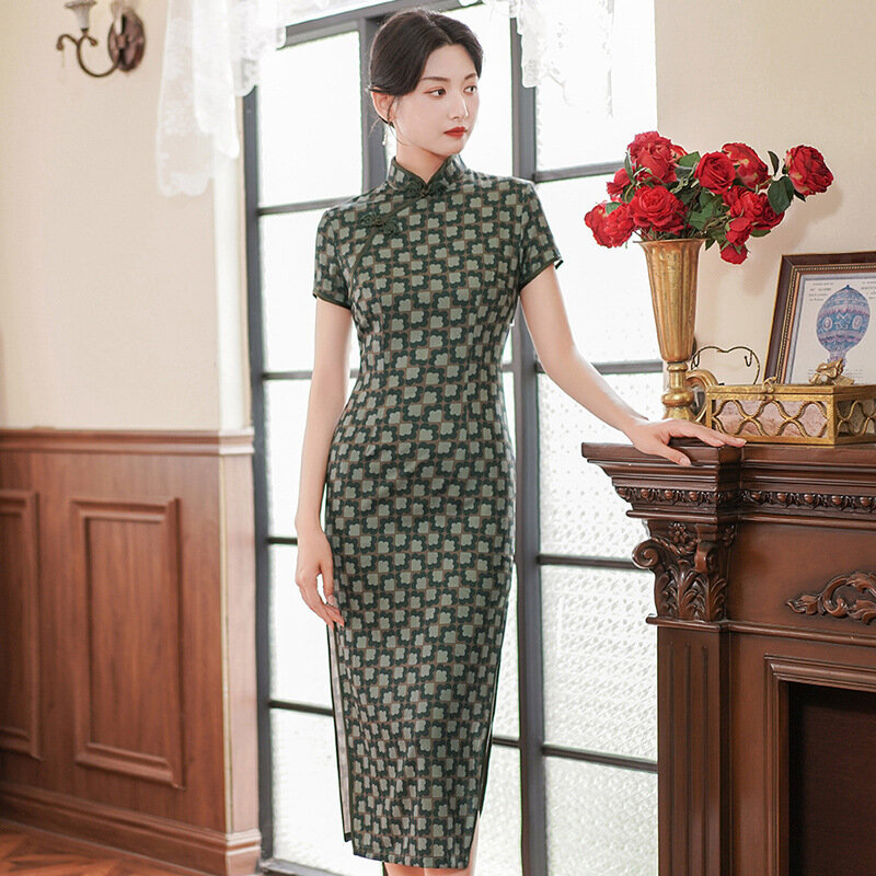 Женское атласное платье в китайском стиле, размеры до 5XL