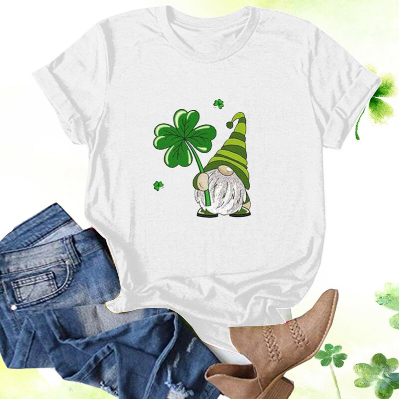 Women's Fashionable Round Neck Short Sleeved St. Patrick's Day Love Pattern Printed T Shirt Tops Loose Casual Female Blouse
