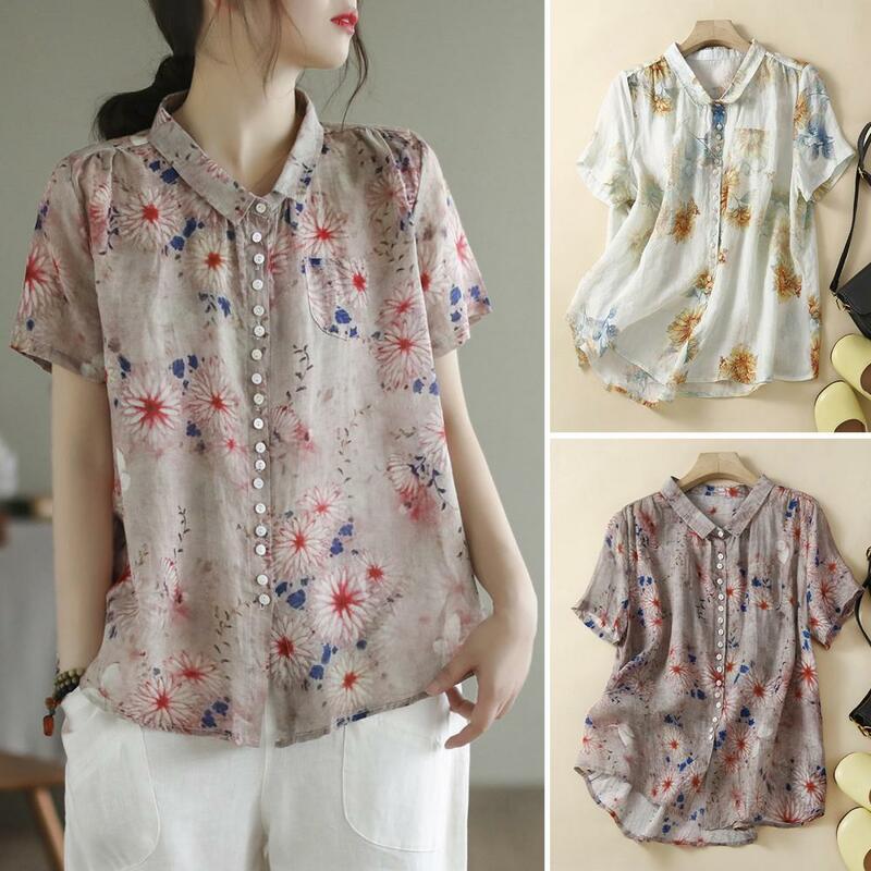 Camisa feminina solta com bolso, manga curta com lapela, textura macia, coleção casual, verão