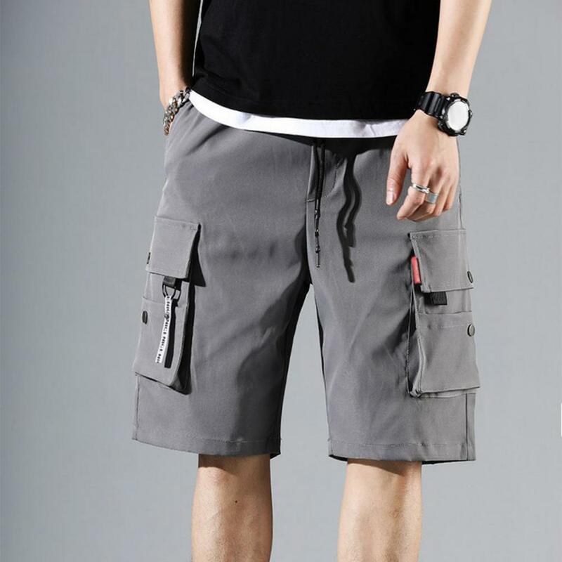 Multiple Pockets Cargo Shorts Men's Summer Elastic Waistband Drawstring Cargo Shorts with Multiple Pockets for Mid-rise