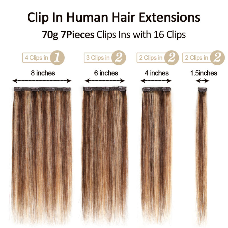 Extensions de Cheveux Humains à réinitialisation, Balayage, Double Trame, Dentelle, Brun Moyen, Caramel, Blonde, 7 Pièces/70G