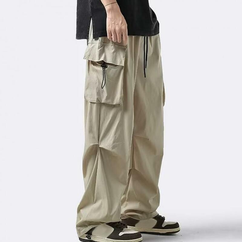 Pantalones de pierna recta para hombre, versátiles con pantalones Cargo múltiples bolsillos, detalle de cordón, cintura elástica, ropa de calle