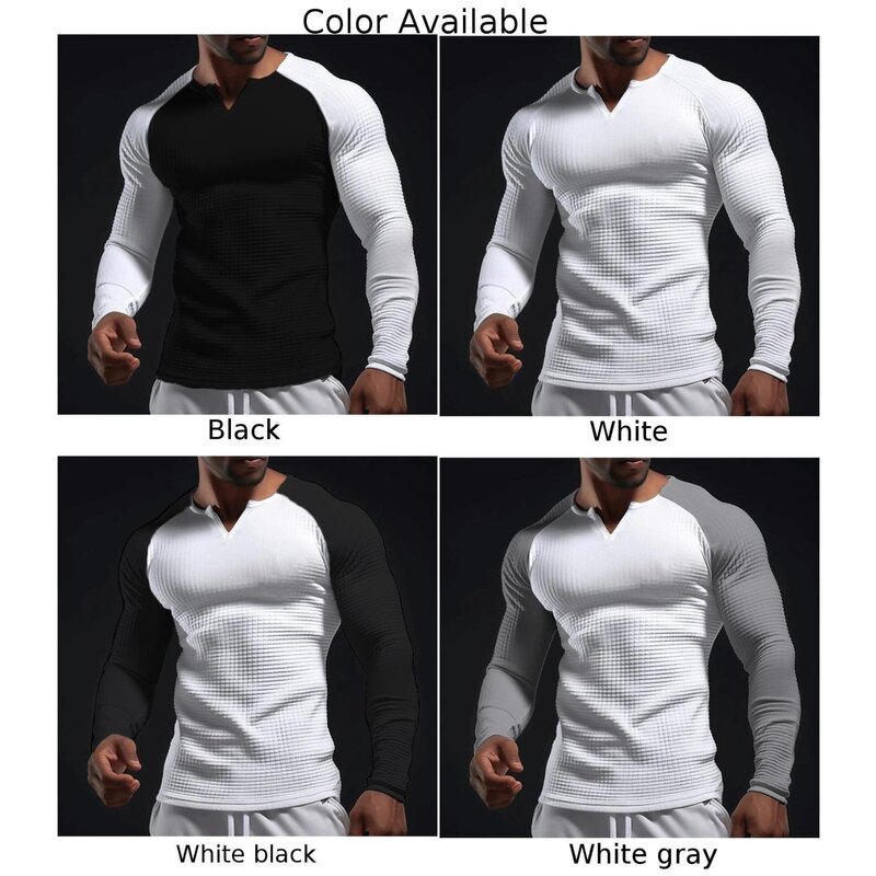 Top informal de gofres acanalado para hombre, camiseta de manga larga de alta calidad, ajustada, de poliéster, Color sólido
