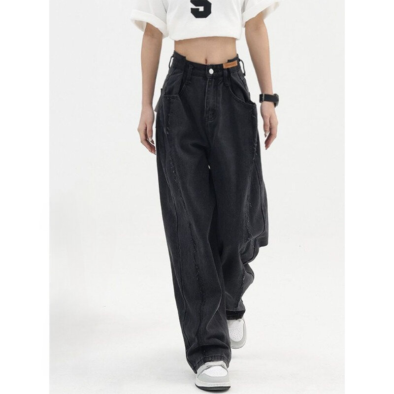 Deeptown-pantalones vaqueros holgados Vintage Y2k para mujer, vaqueros negros de pierna ancha Harajuku, ropa de calle de cintura alta, Grungre coreano 2024