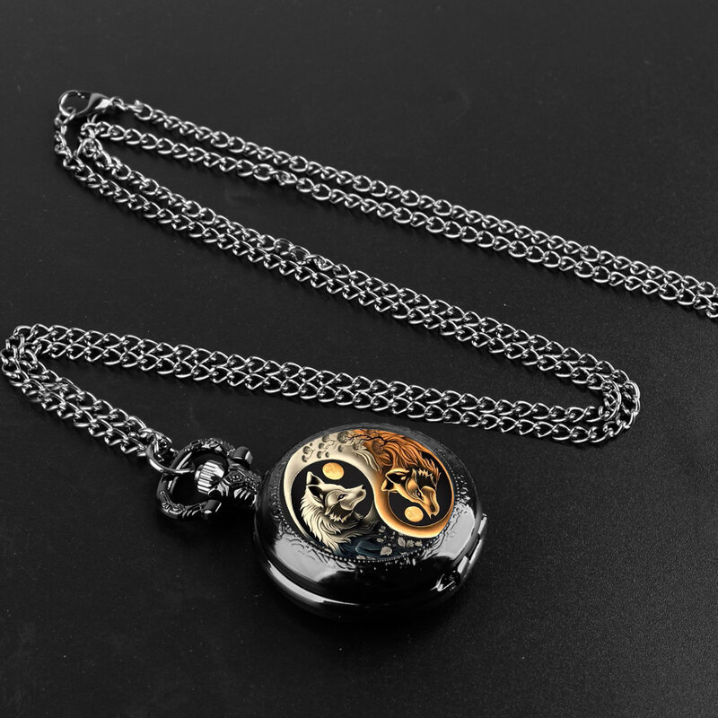 Часы наручные в стиле ретро для мужчин и женщин, модные кварцевые карманные часы с кулоном в виде Луны, волка, черное ожерелье, уникальные подарочные аксессуары