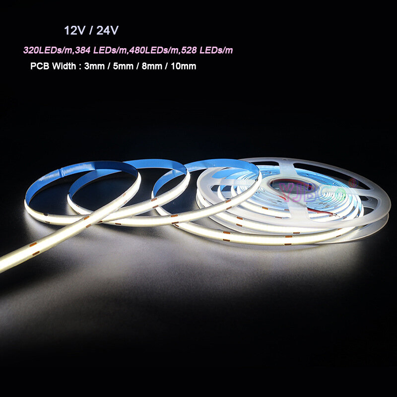 เทปแถบไฟ LED ซัง5ม. 12V 24V นิ่มยืดหยุ่นความหนาแน่นสูงแถบไฟ fcob 320/384/480/528 LEDs/M ขาว/วอร์มไวท์หรี่แสงได้เชิงเส้น