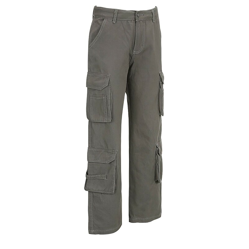 Women's Cargo Denim Trousers Retro Casual Straight Multi Pockets Denim Pants High Waist Workwear Pocket Stitching Jeans Female