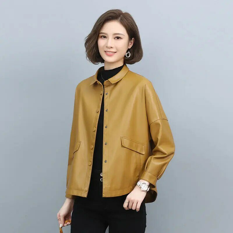 Spring / Autumn 2023 Women Short Loose Coat Korean Version PU Leather Clothes Office Lady Jackets for Women Faux Fur Casual Coat