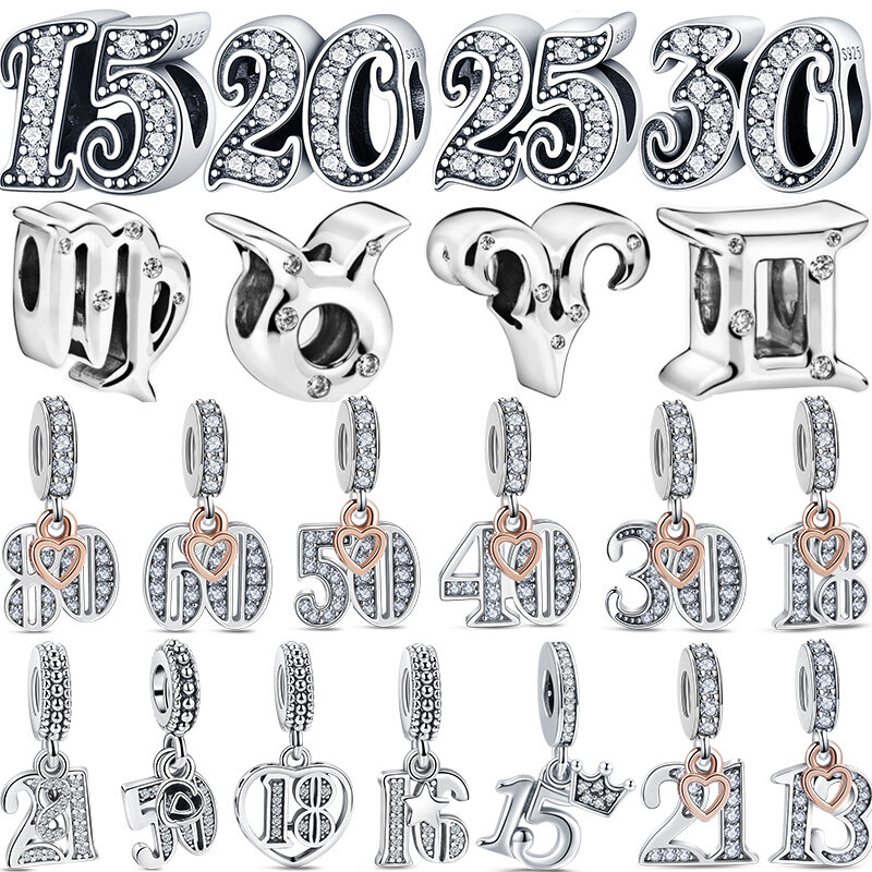Perle de charme en argent regardé 100% véritable pour femme, convient au bracelet à breloques Pandora original, pendentif, bricolage, bijoux fins, numéro 20, numéro 60, perle 50, nouveau, 925