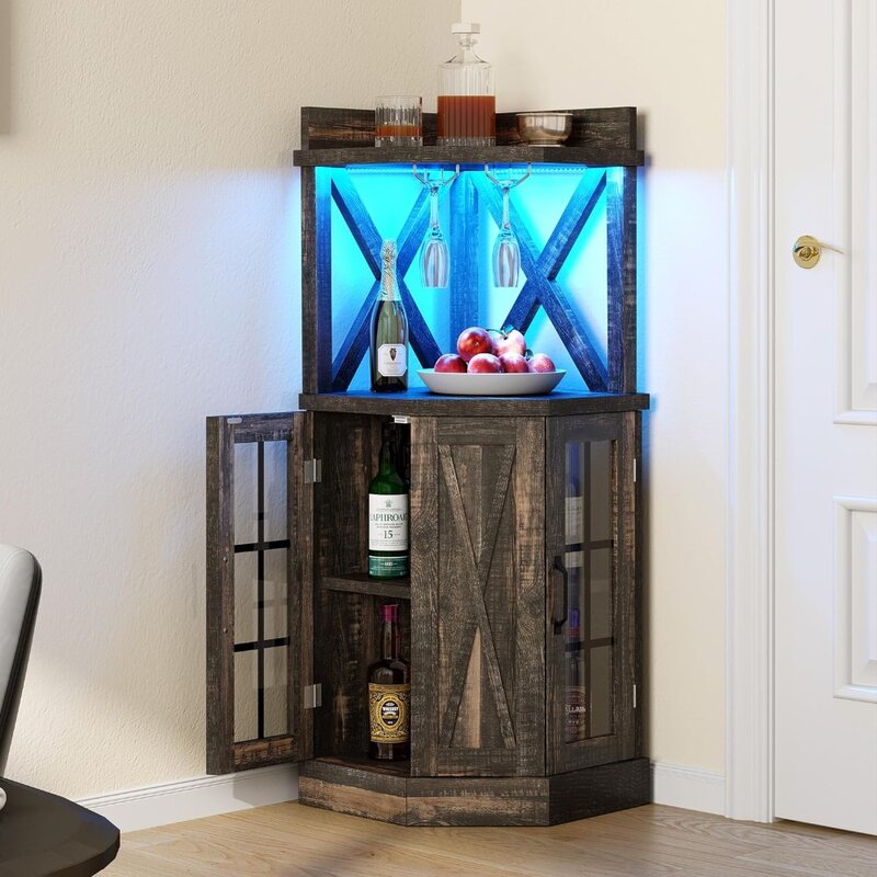 Corner Bar Cabinet with Glass Door & LED Lights, 72" Tall Farmhouse Liquor Cabinet Bar with Glass & Wine Holder