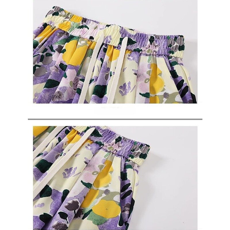 กางเกงวอร์มพิมพ์ลายไม่ซ้ำใครสำหรับผู้หญิงกางเกงขาบานผ้าชีฟองผ้าไอซ์ซิลค์ทรงขากว้างแบบลำลอง