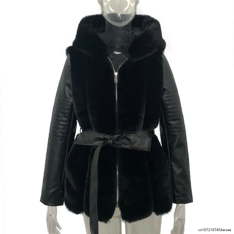 Casaco de pele de raposa com capuz feminino com cinto, monocromático, jaqueta com zíper, casacos femininos, novo, 2023