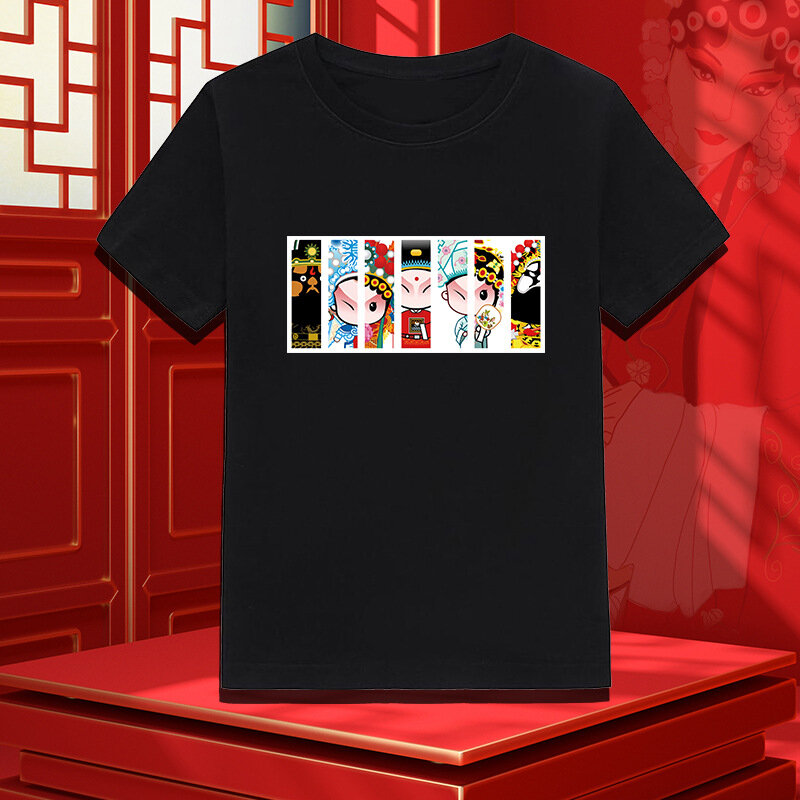 Chinese Style Facial Mask Peking Opera Print New Male Female Couples Short-sleeved T-shirt Student Performance Group Costumes