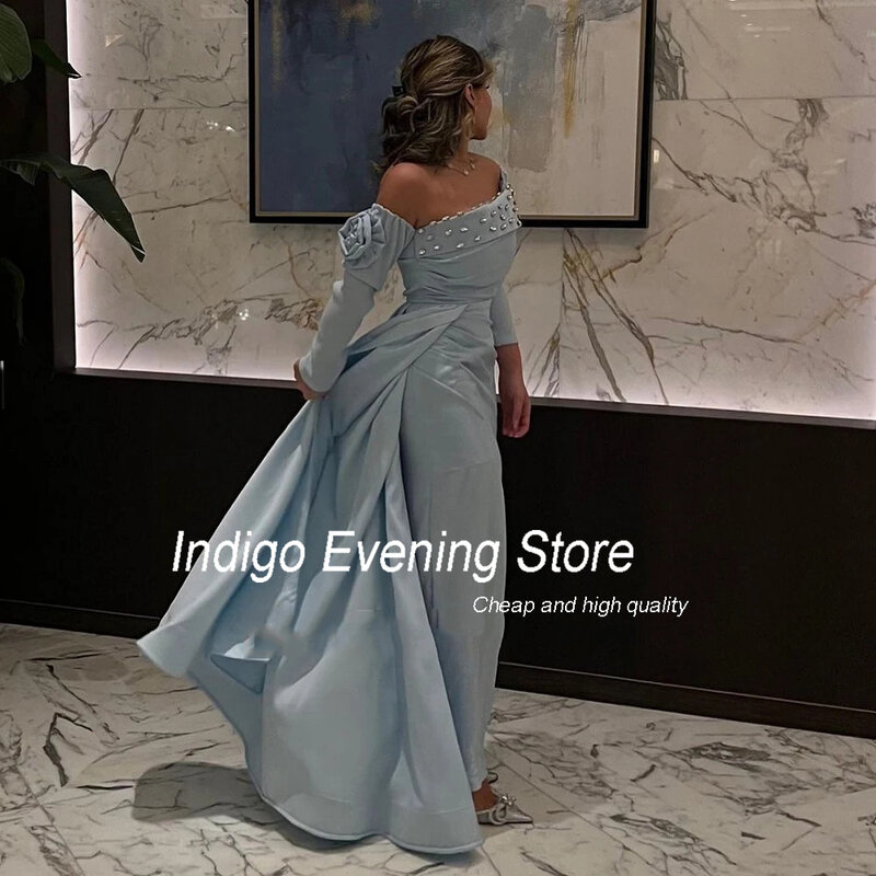 Indigo Prom Dress Mermiad Off The Shoulder Long Sleeve Beading Pleat Satin Rhinestone Elegant Evening Gowns For Women فساتين الس