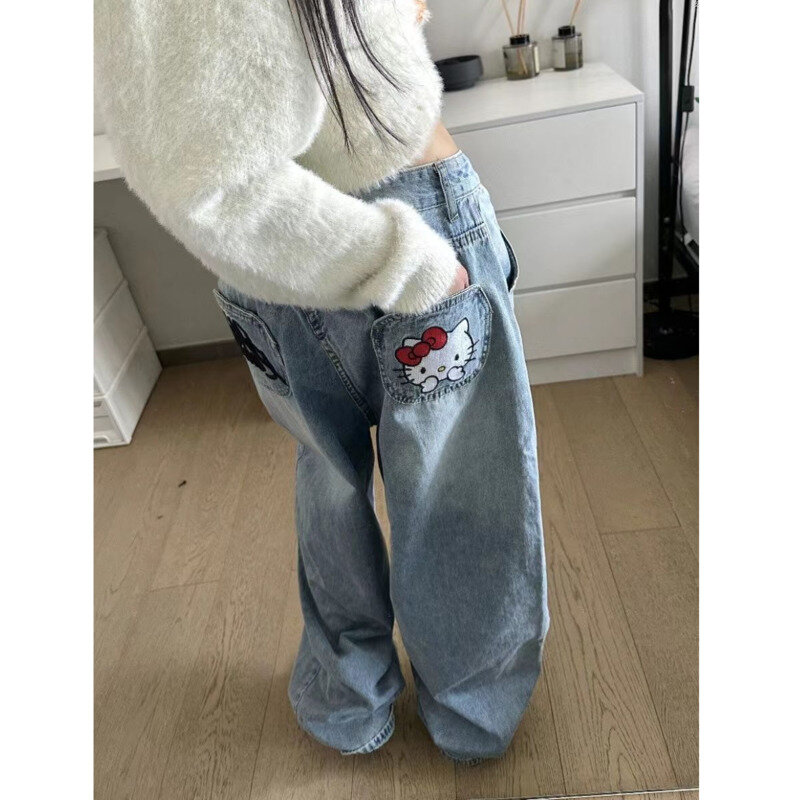 Hello Kitty Sanrio Y2k spodnie dżinsowe Retro wyszywane litery jeansy z wysokim stanem luźne spodnie z szerokimi nogawkami spodnie główna ulica dla kobiet