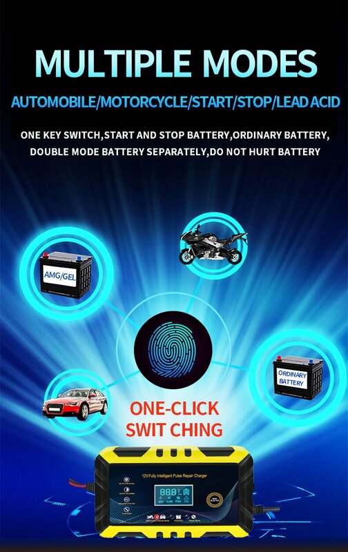 Chargeur de batterie de voiture à affichage numérique instantané, entièrement automatique, 12V, réparation d'impulsion de puissance, support, plomb sec, acide, Hurcycl