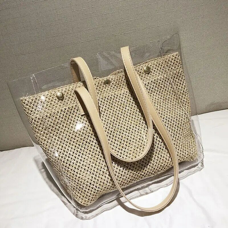 النمط الياباني المنسوجة العشب شفافة 2 قطعة/المجموعة المرأة حقيبة عادية سعة كبيرة مقاوم للماء عطلة واحدة الكتف حمل حقيبة