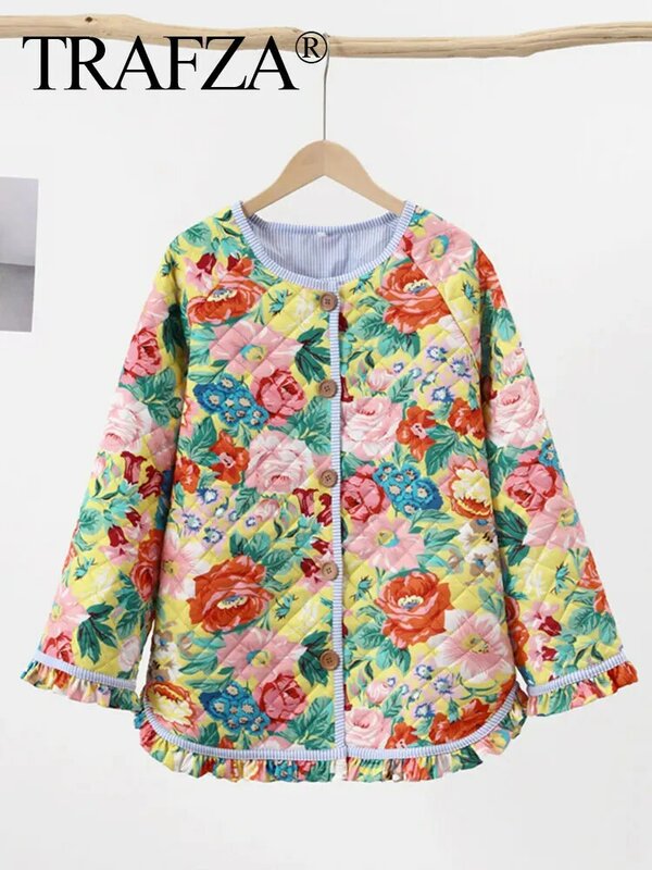 TRAFZA Women's Flower Print Coat Quilted Reversible Long Sleeve Open Front Two In One Jackets Autumn Vintage Streetwear