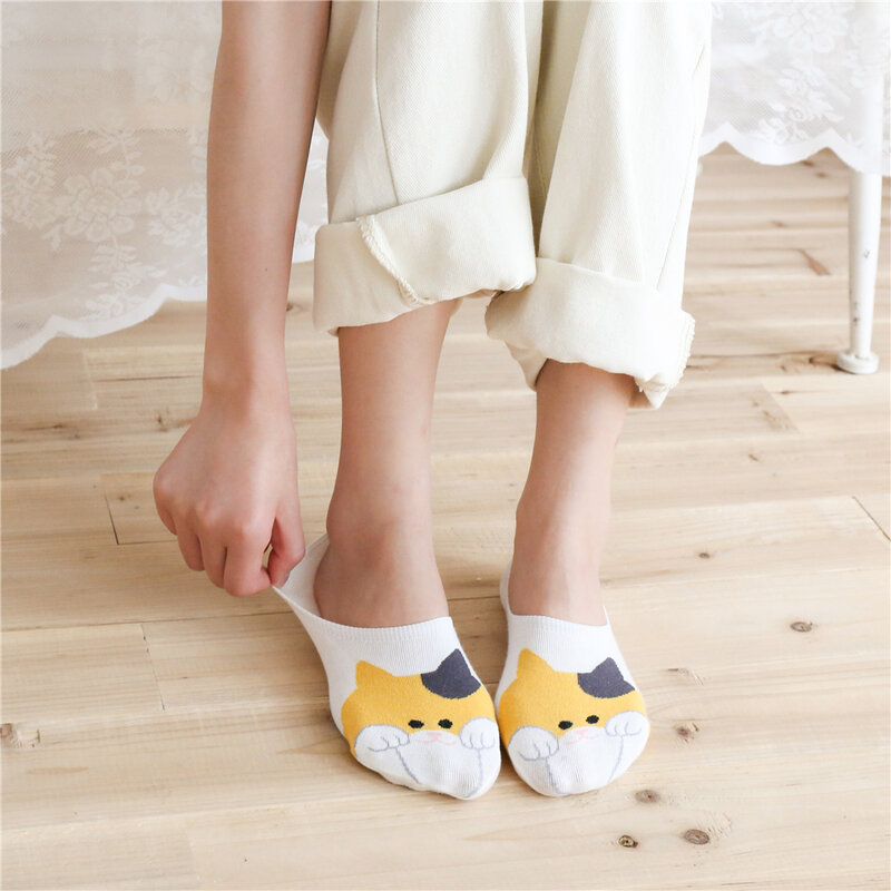Носки женские короткие в японском стиле, милые забавные носки с котенком из мультфильма «No-Show» в стиле Харадзюку, летние