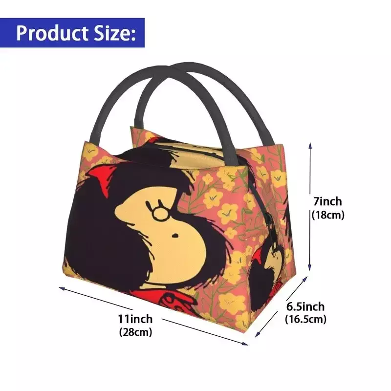 Mafalda And Flowers Portable Lunch Boxes for Women Leakproof Quino Kawaii Cartoon Cooler Thermal Food Insulated Lunch Bag