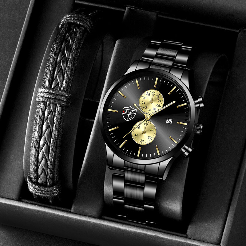Pulseira de couro conjunto relógio masculino marca superior luxo esportes quartzo dos homens relógios aço inoxidável relógio de pulso homem relojes para hombre