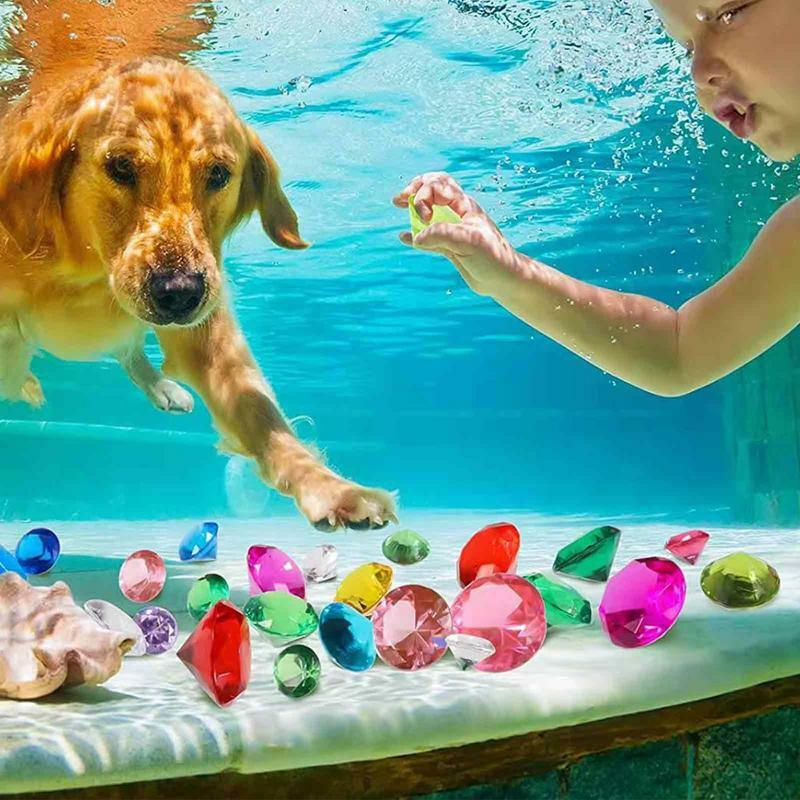 Colorful Diving Gems With Treasure Pirate Chest Box Outdoor Swimming Pool Toys Summer Underwater Acrylic Gemstones Set For Kids