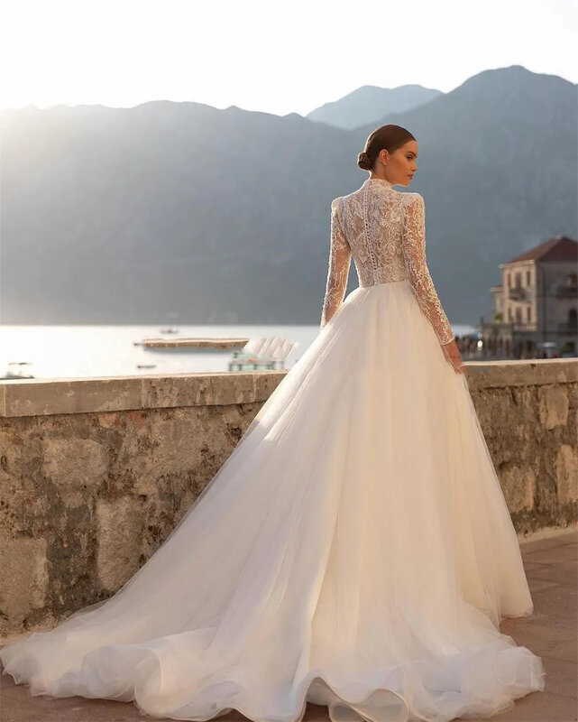 Gaun pernikahan mewah kerah tinggi indah putri duyung lengan panjang seksi renda Applique berbulu gaya putri mengepel gaun pengantin