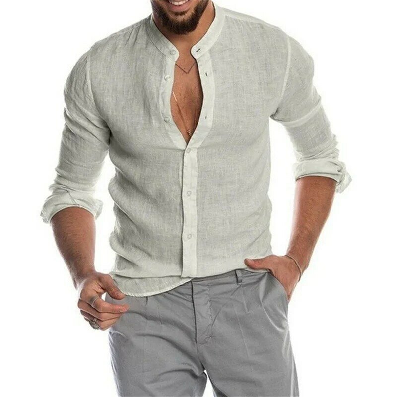 Camiseta informal de manga larga para hombre, Jersey de algodón de lino con botones, cómoda, a la moda, Color sólido